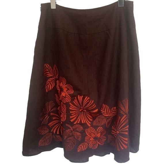 Precis Petite Linen Brown Orange Floral Embroidered Pleated A-Line Skirt Size 14 - Picture 9 of 11